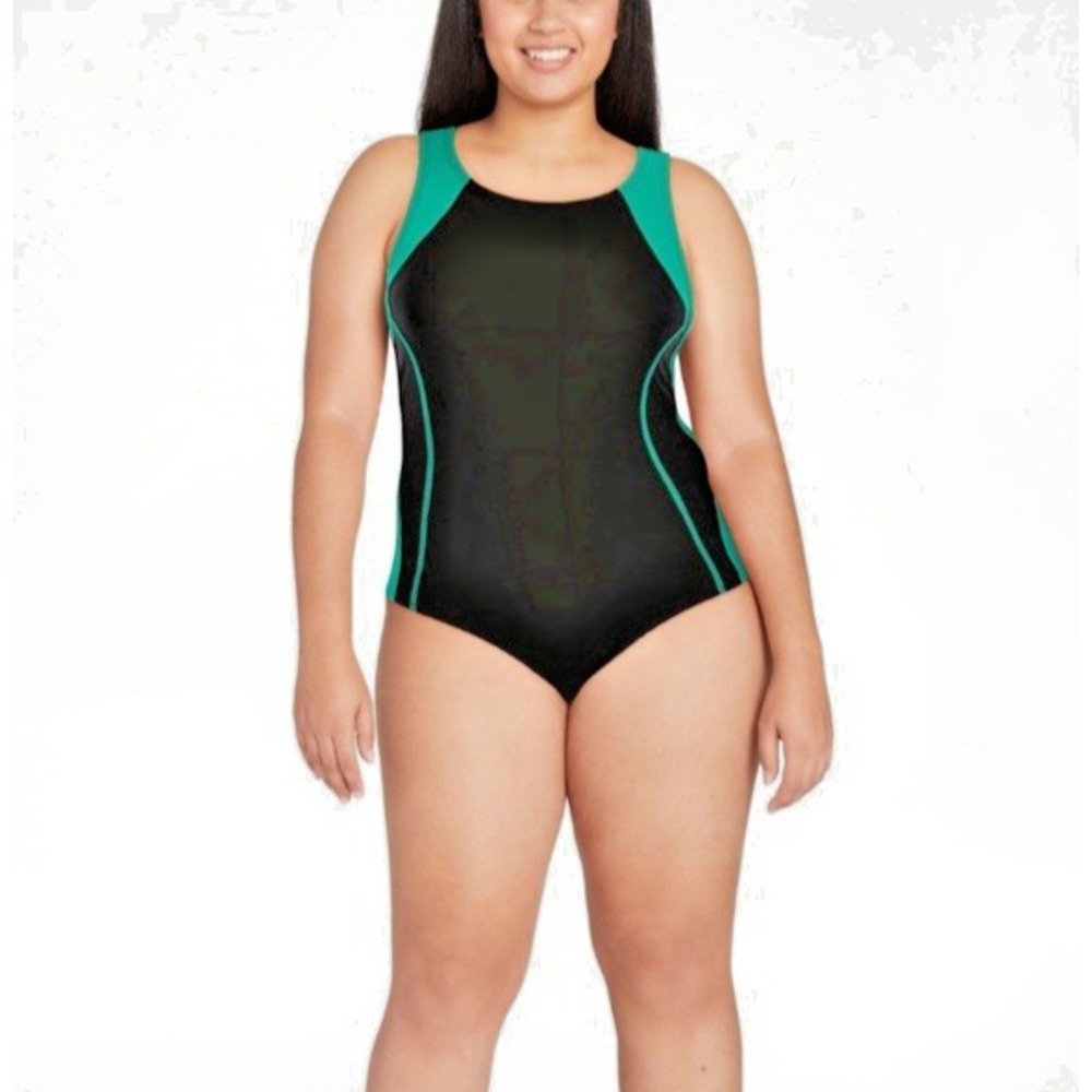 Women's One Piece Athletic Racerback Swimsuit Slimming Bathing Suit Green Blk XL